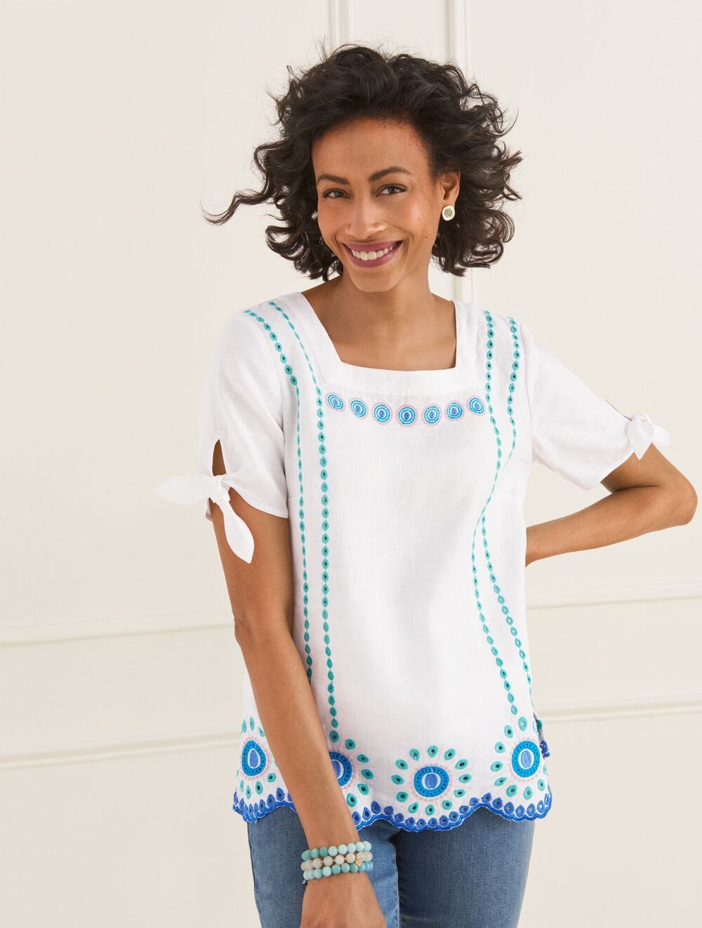 Talbots Linen Cotton Embroidered Square Neck Top XS Tie Sleeves Artisan Relaxed